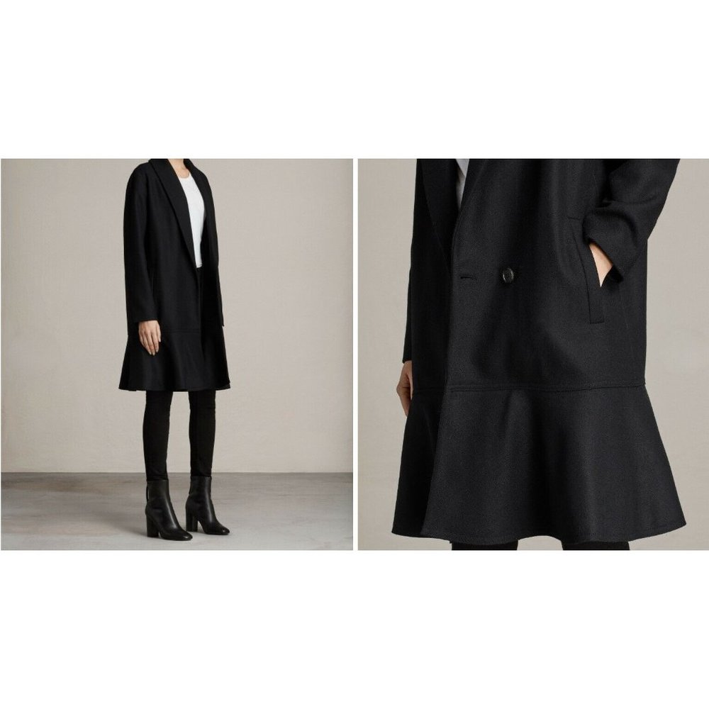 ๐ ALLSAINTS Grace Coat Italian Wool Ruffle Black X-Small - Picture 6 of 13